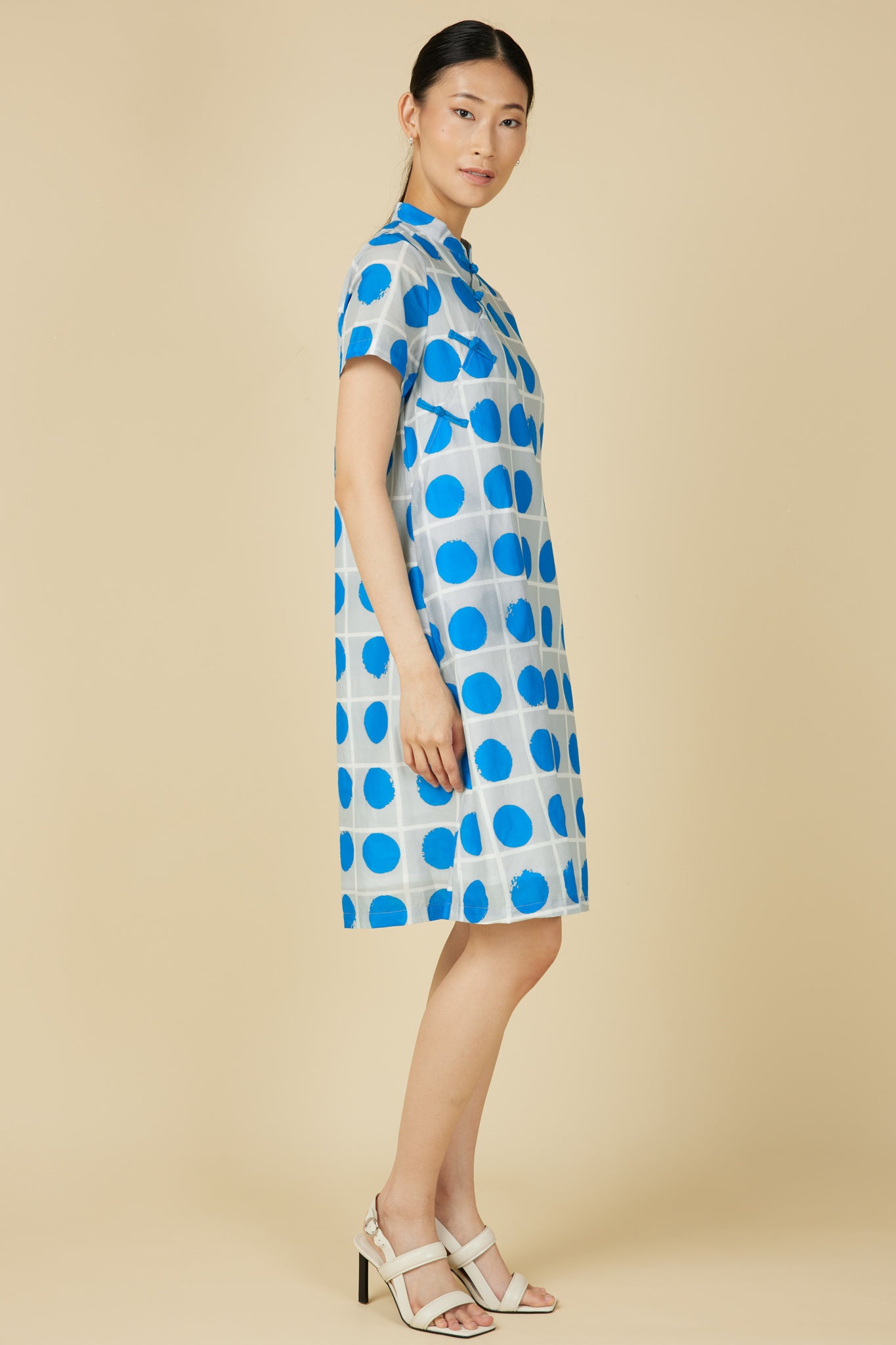 Cheongsam Midi Dress in Blue Polka Dots