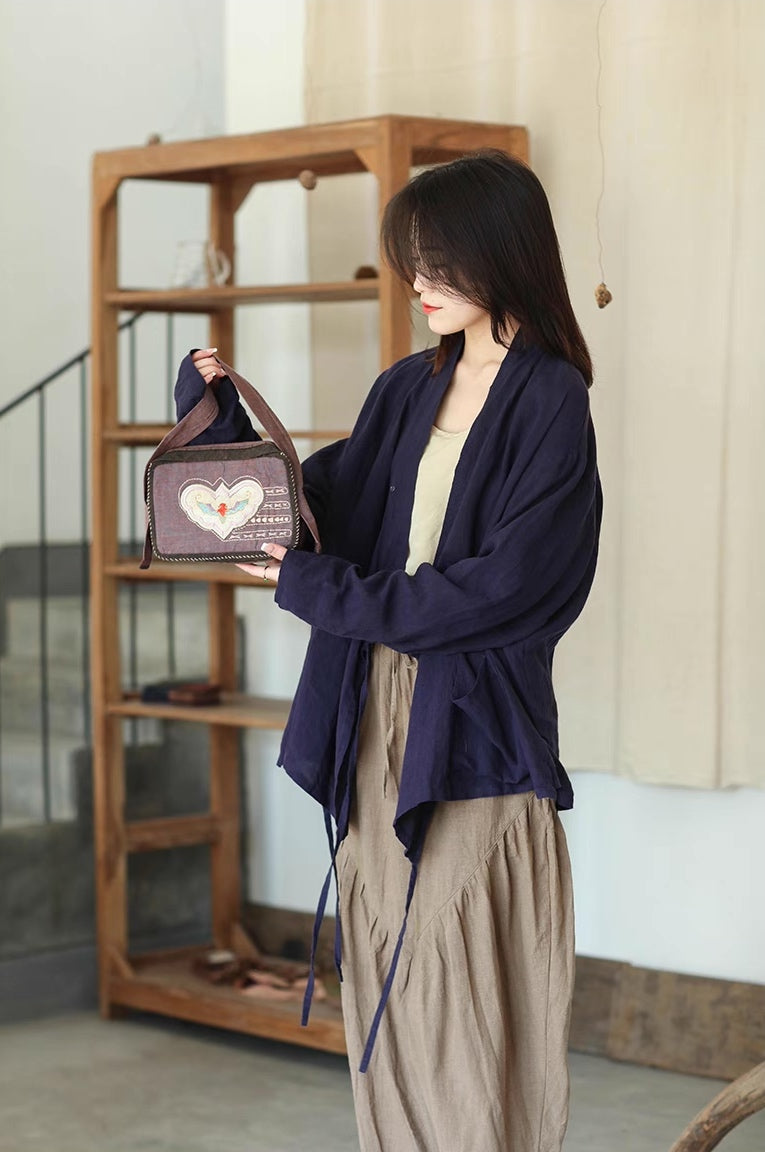 Zen Style Samue Linen Coat in Dark Purple