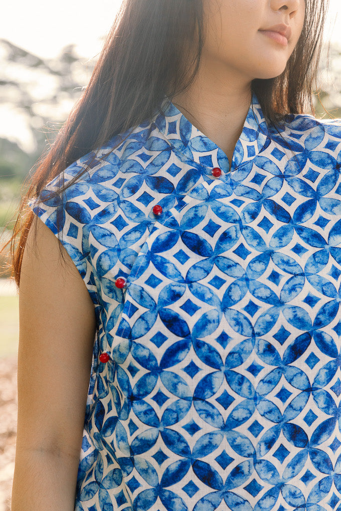 Water Colour Blue Geometric Floral Cap Sleeve Cheongsam Dress