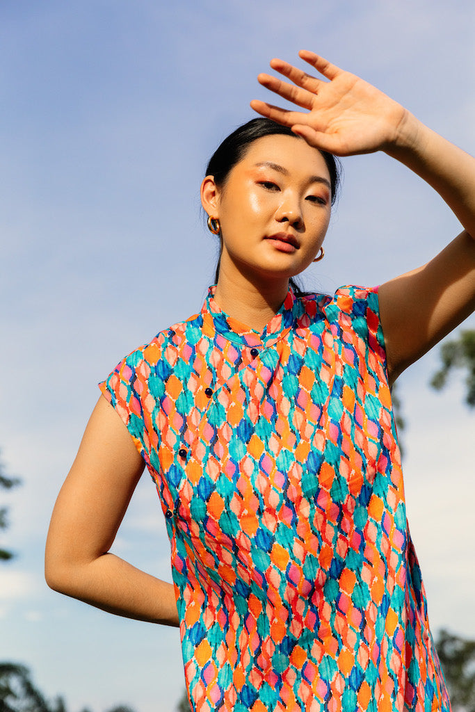 Water Colour Geometric Print Cap Sleeve Cheongsam Dress