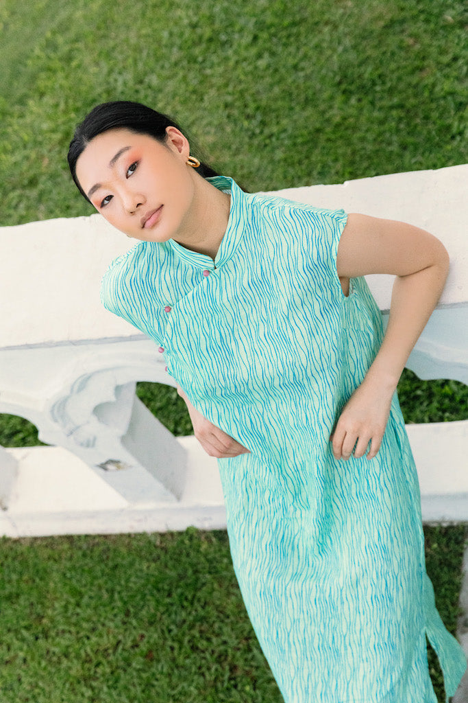 Green Stripe Print Cap Sleeve Cheongsam Dress