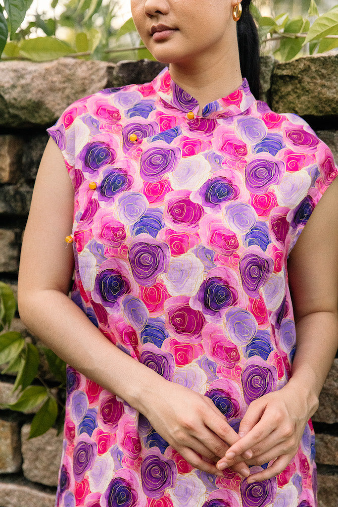 Water Colour Pink Rose Print Cap Sleeve Cheongsam Dress