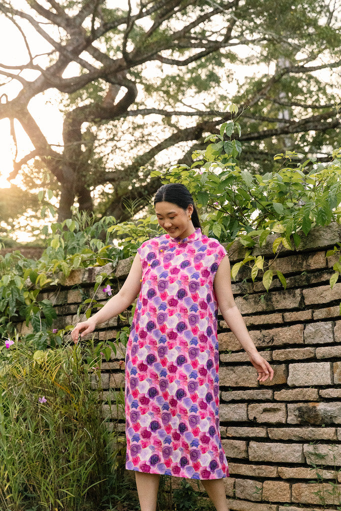 Water Colour Pink Rose Print Cap Sleeve Cheongsam Dress
