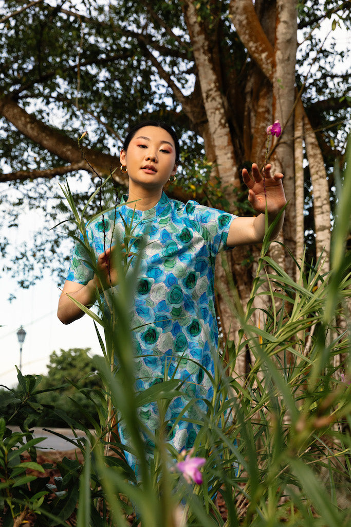 Water Colour Blue Rose Short Sleeve Cheongsam Midi Dress