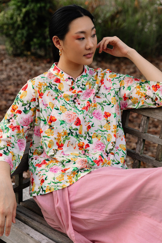 Retro Pink Peony Print 3/4 Sleeve Cheongsam Top