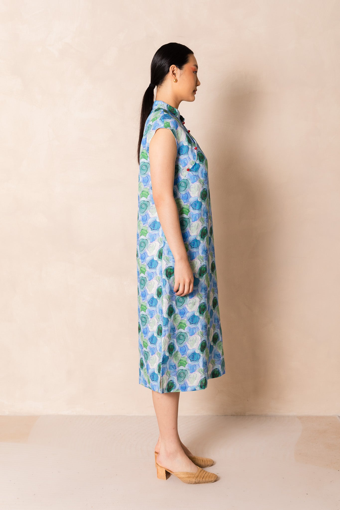 Water Colour Blue Rose Print Cap Sleeve Cheongsam Dress, available on You Living