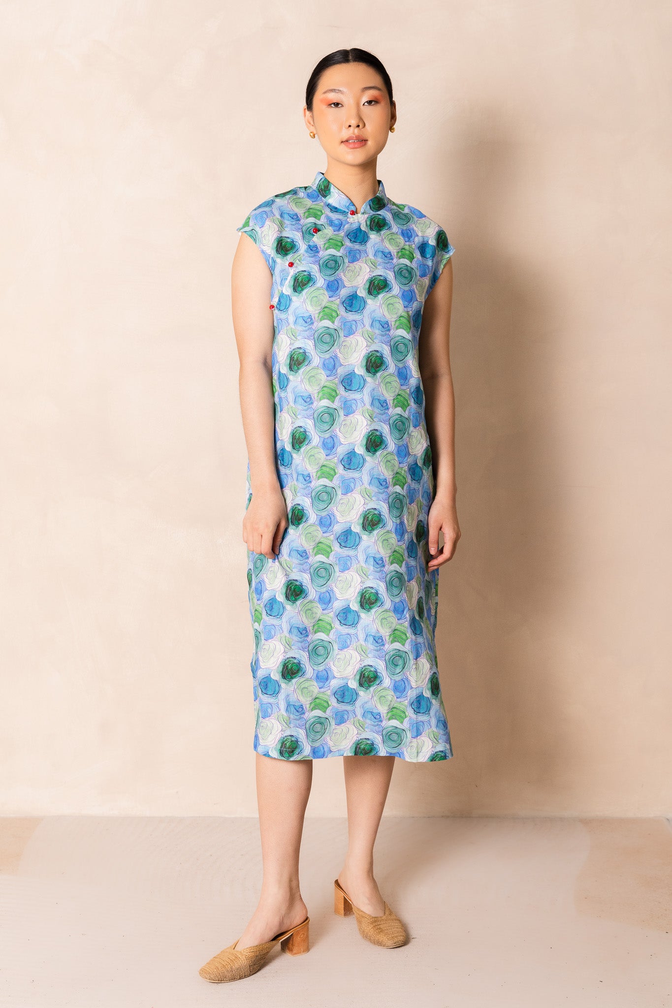 Water Colour Blue Rose Print Cap Sleeve Cheongsam Dress, available on You Living