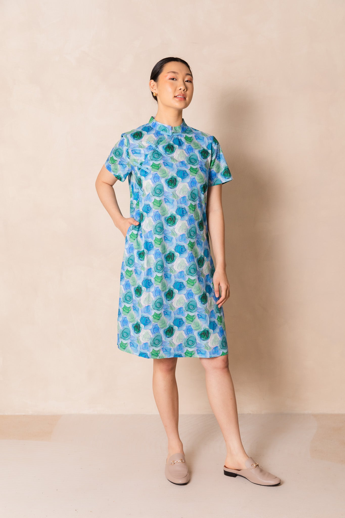 Water Colour Blue Rose Short Sleeve Cheongsam Midi Dress, available on You Living