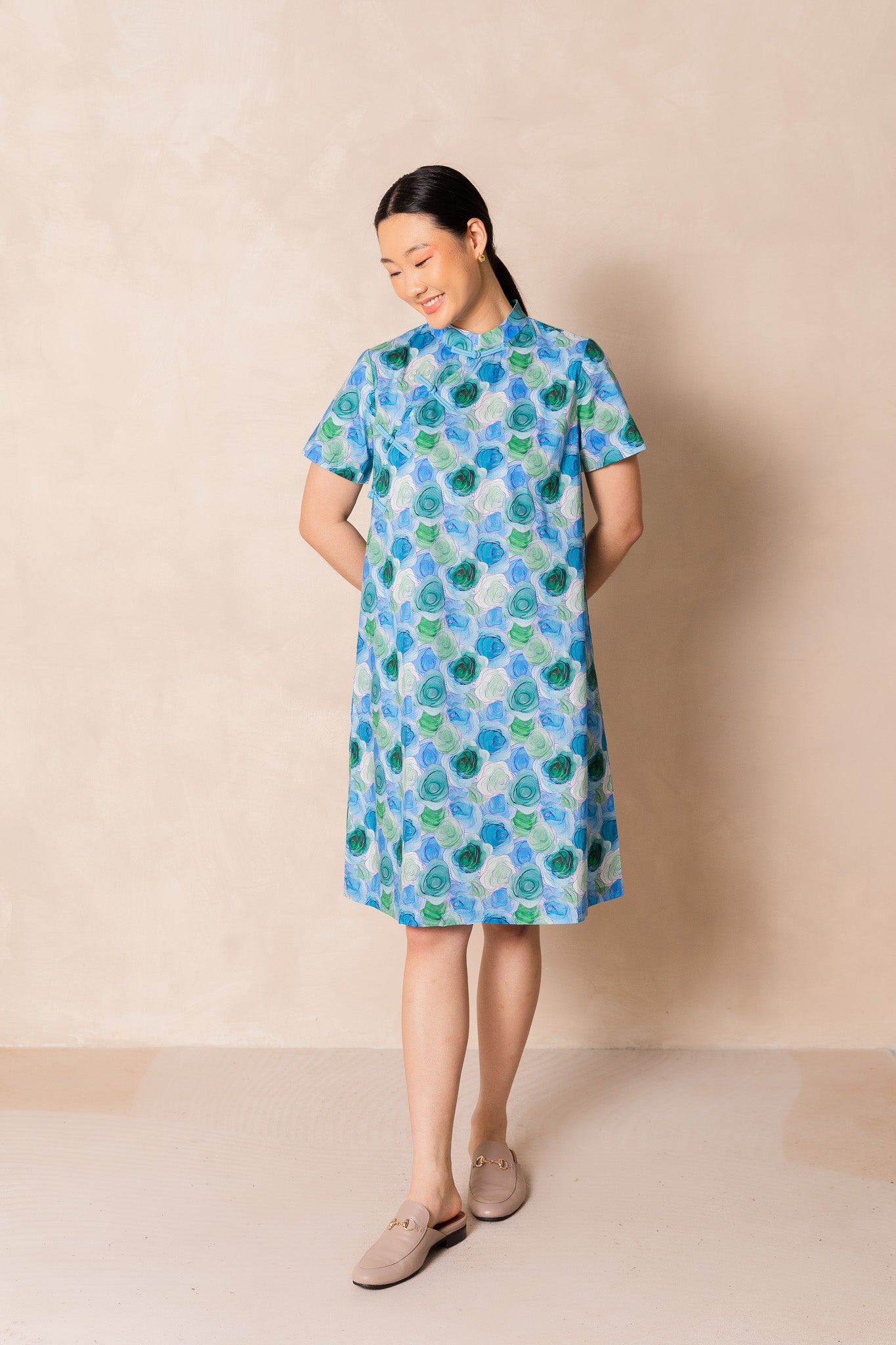Water Colour Blue Rose Short Sleeve Cheongsam Midi Dress, available on You Living