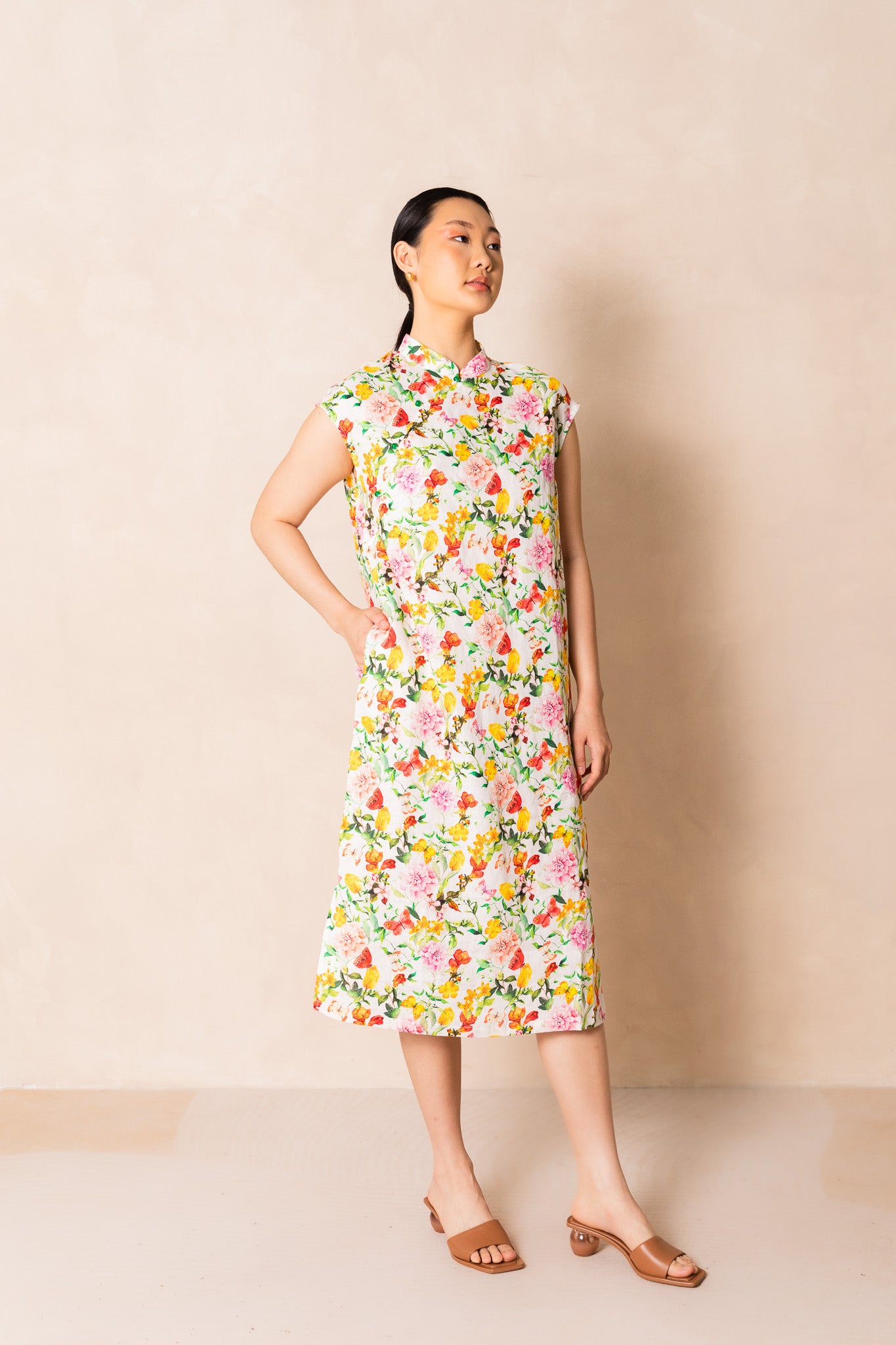 Retro Pink Peony Print Cap Sleeve Cheongsam Dress, available on You Living