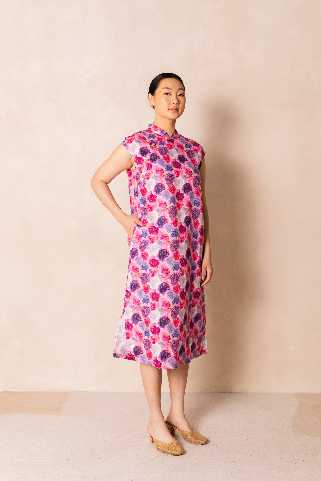 Water Colour Pink Rose Print Cap Sleeve Cheongsam Dress, available on You Living