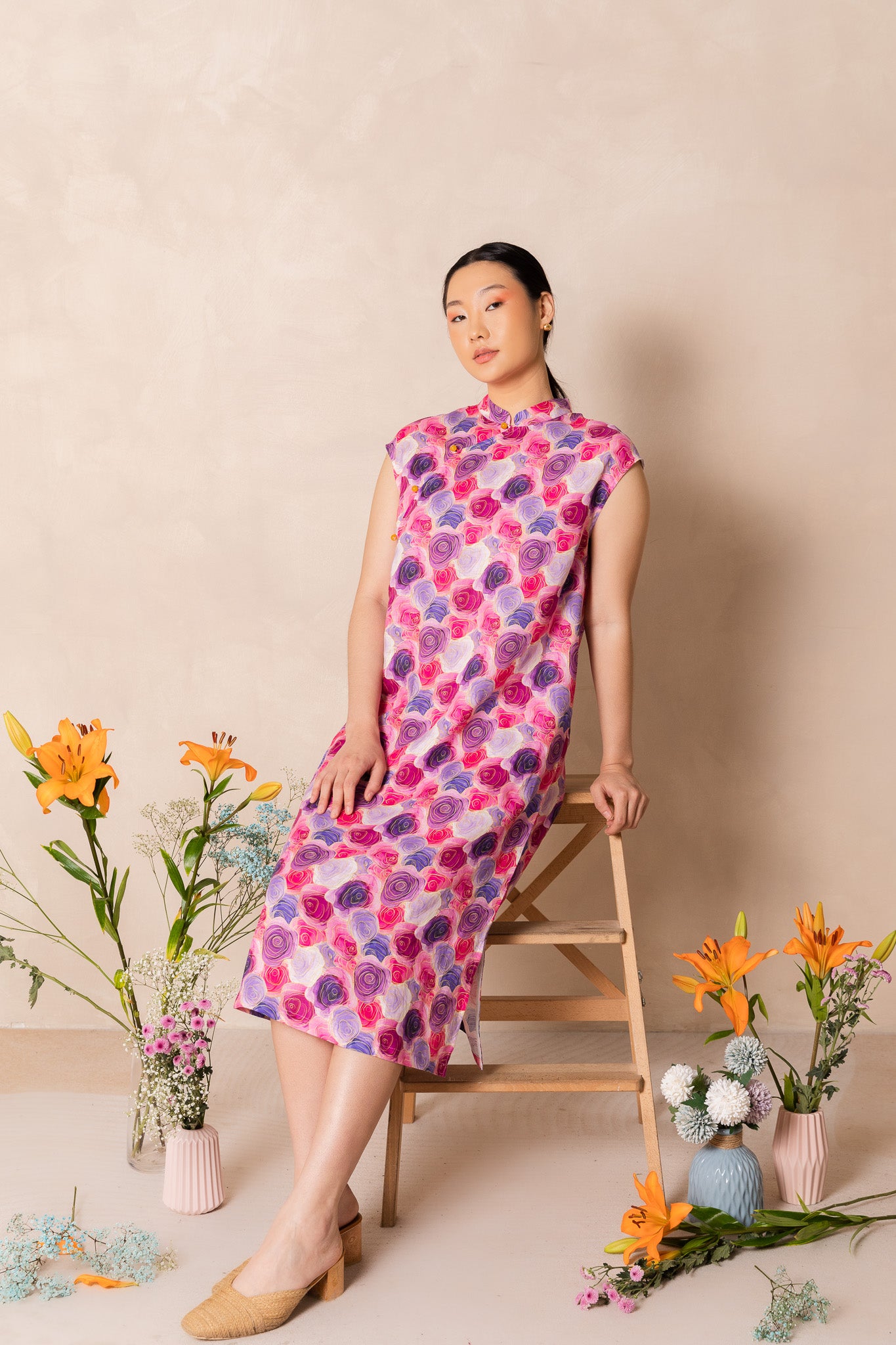 Water Colour Pink Rose Print Cap Sleeve Cheongsam Dress, available on You Living