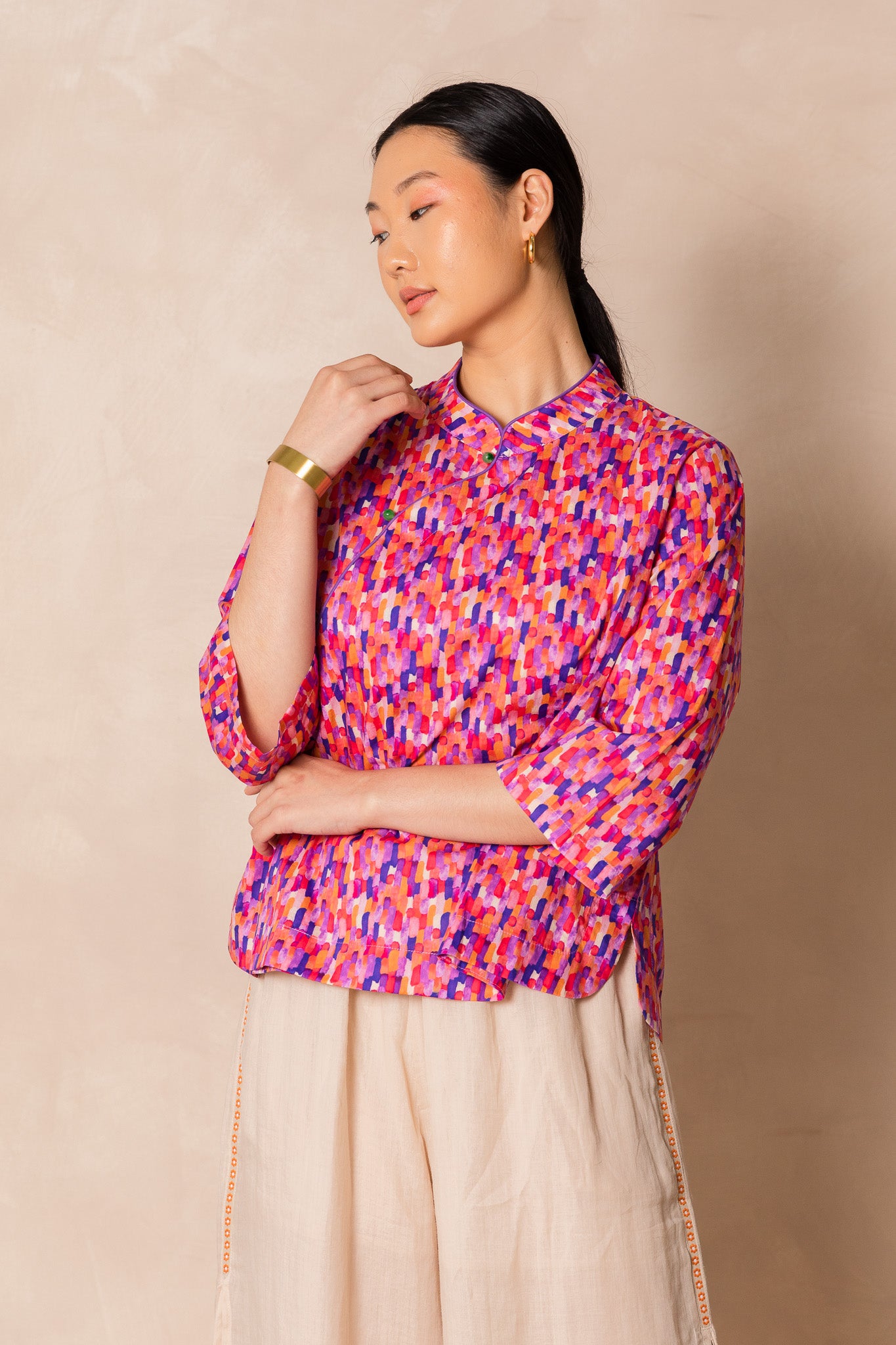 Water Colour Raindrop Print 3/4 Sleeve Cheongsam Top, available on You Living