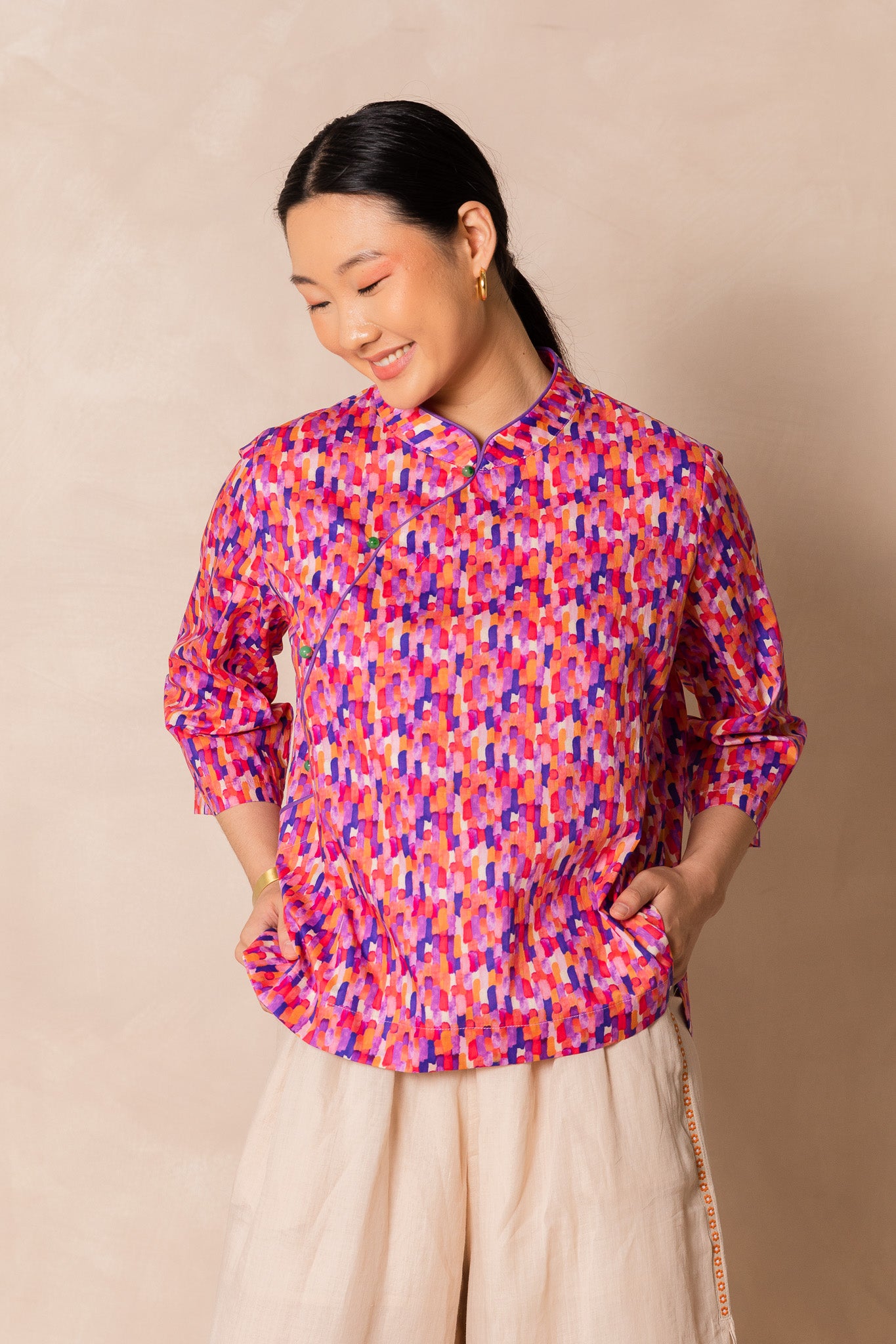 Water Colour Raindrop Print 3/4 Sleeve Cheongsam Top, available on You Living