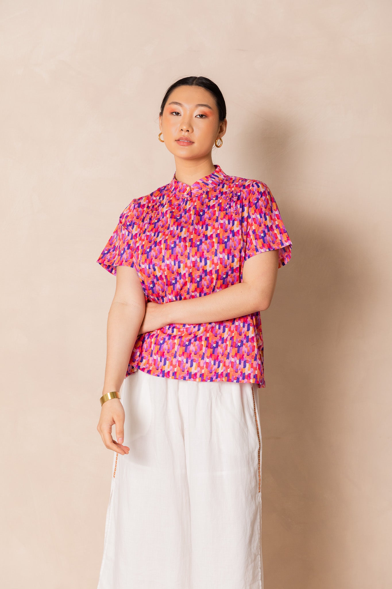 Water Colour Raindrop Print Short Sleeve Cheongsam Top, available on You Living 