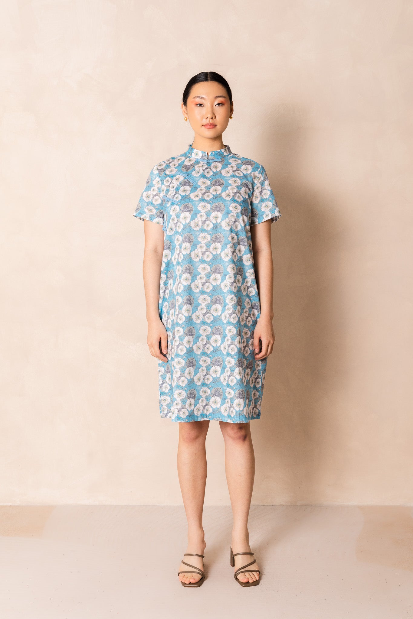 White Cherry Blossom Print Short Sleeve Cheongsam Midi Dress, available on You Living