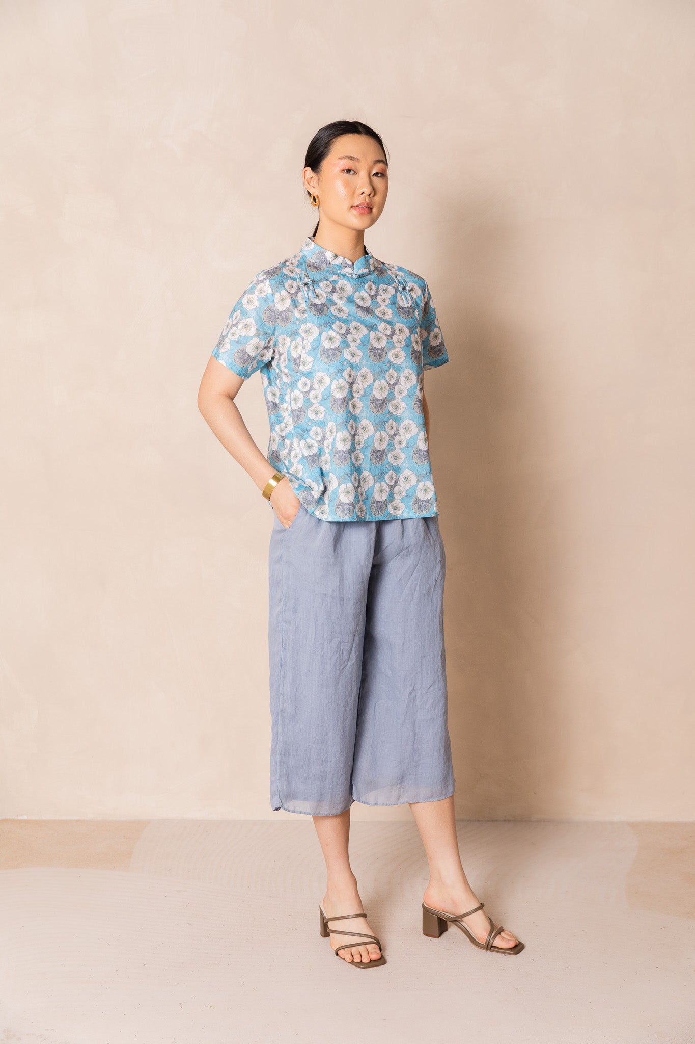 White Cherry Blossom Short Sleeve Cheongsam Top, available on You Living
