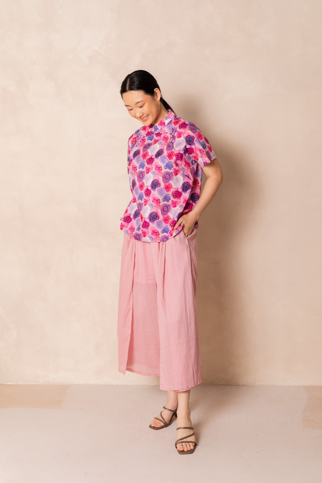 Water Colour Pink Rose Short Sleeve Cheongsam Top, available on You Living