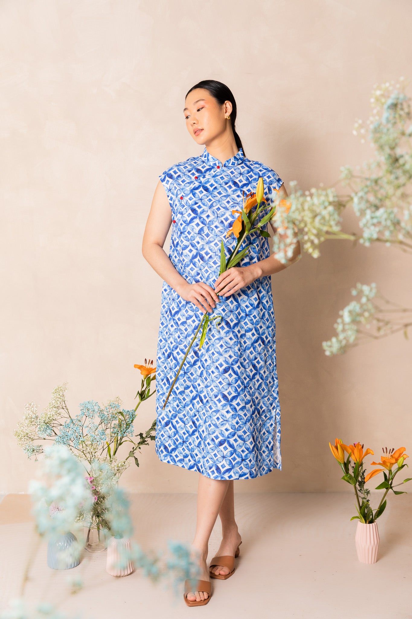 Water Colour Blue Geometric Floral Print Cheongsam Dress, available on You Living