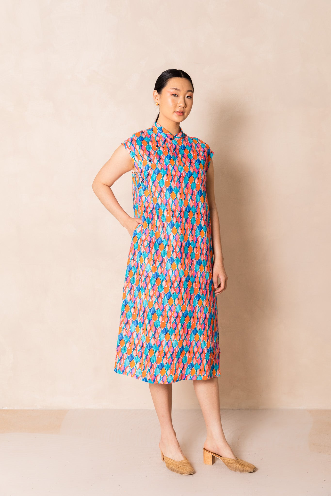 Water Colour Geometric Print Cap Sleeve Cheongsam Dress