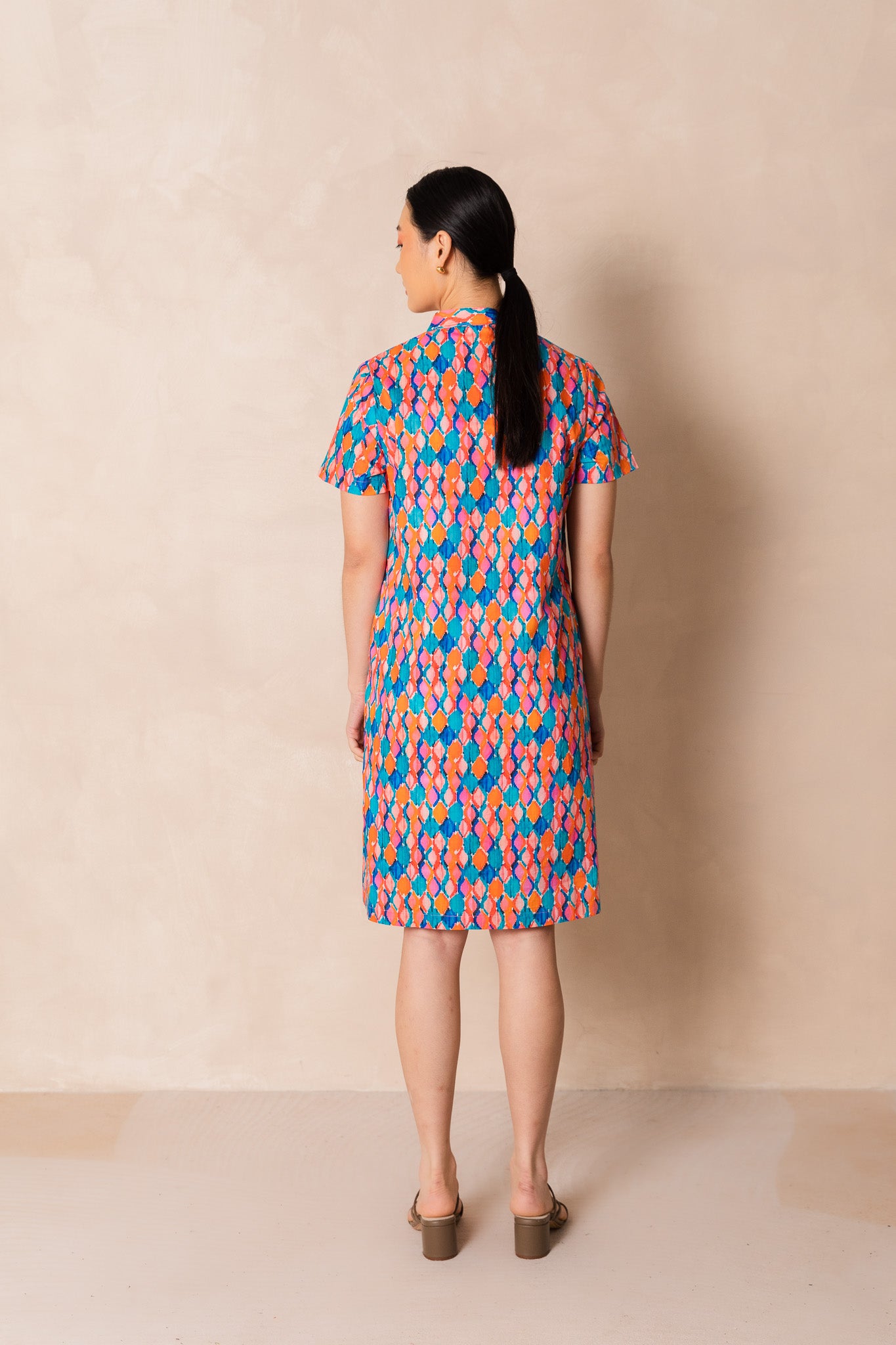 Water Colour Geometric Print Short Sleeve Cheongsam Midi Dress
