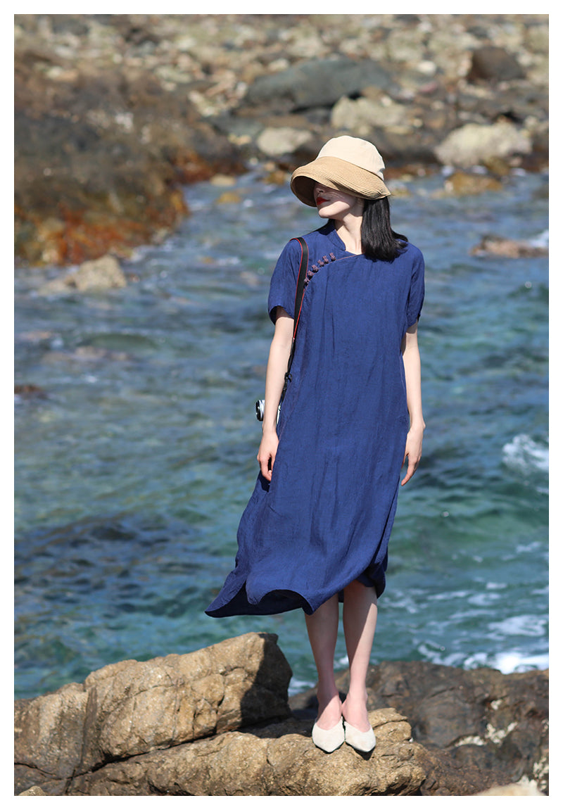 Dark Blue Cheongsam Maxi Dress (Short Sleeve)