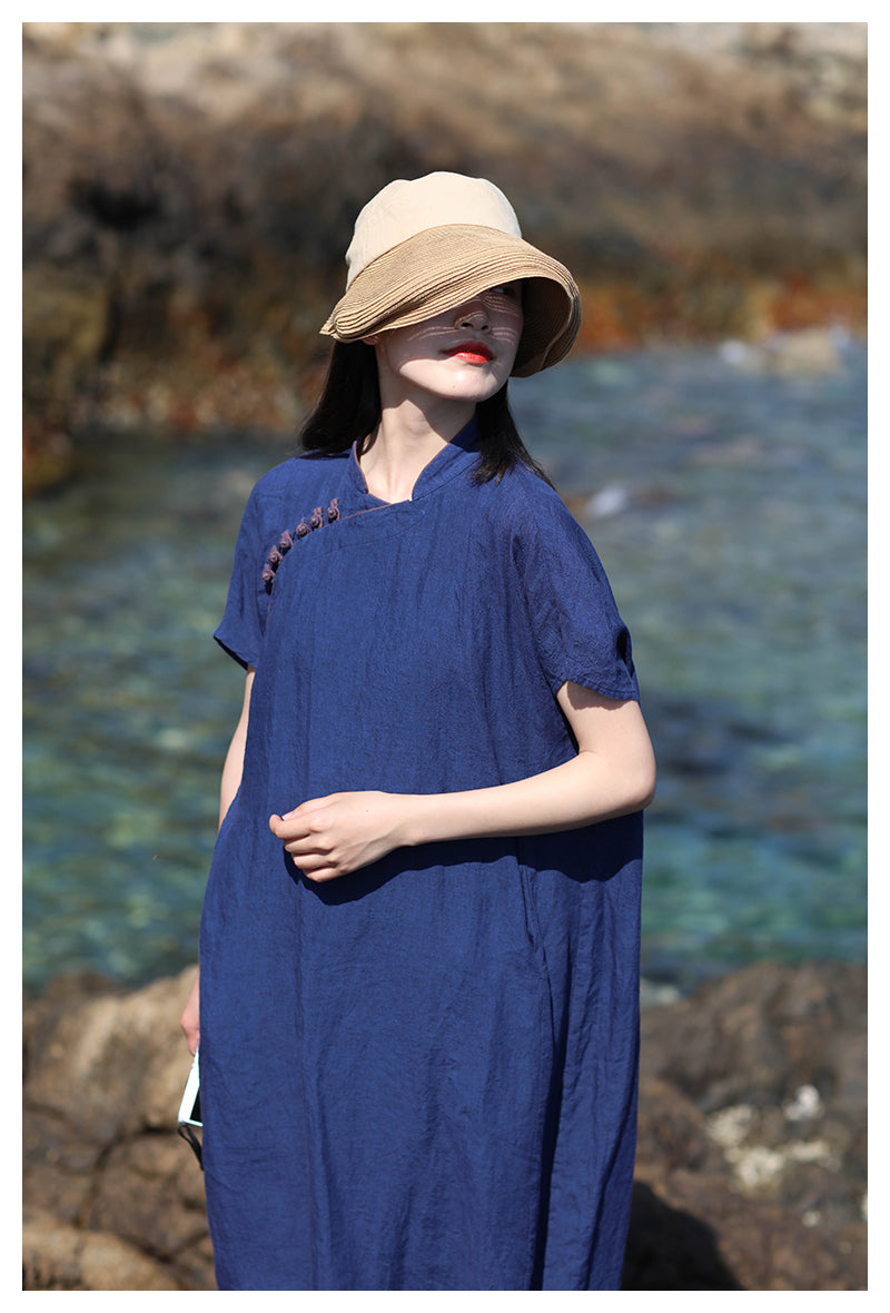 Dark Blue Cheongsam Maxi Dress (Short Sleeve)