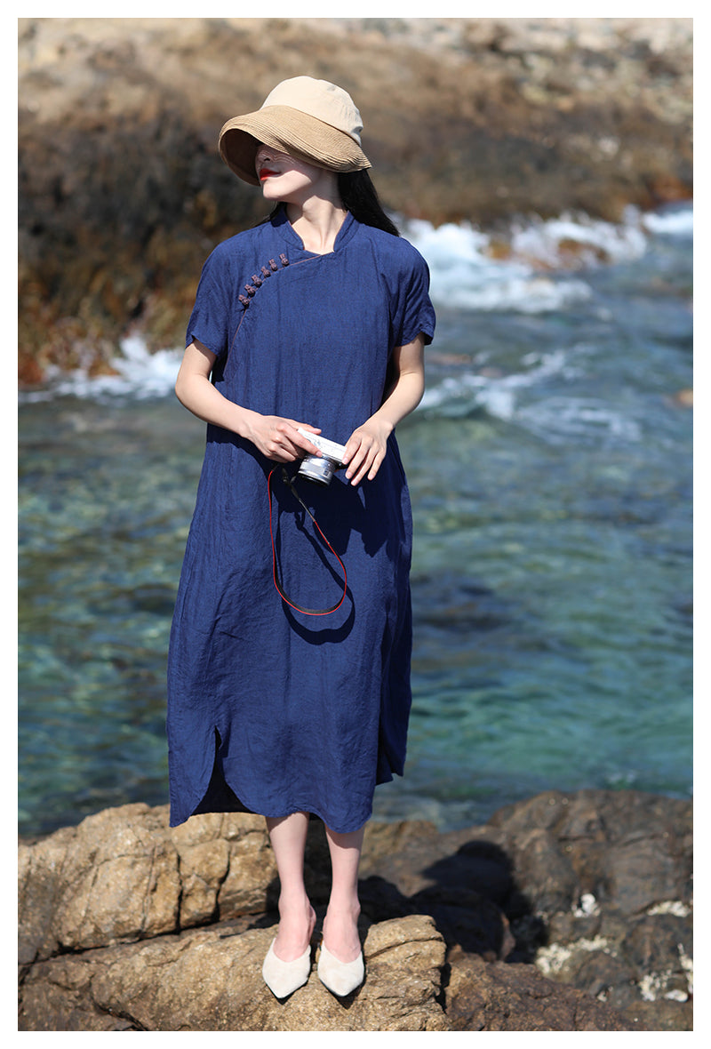 Dark Blue Cheongsam Maxi Dress (Short Sleeve)