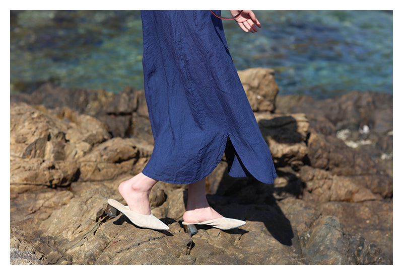 Dark Blue Cheongsam Maxi Dress (Short Sleeve)