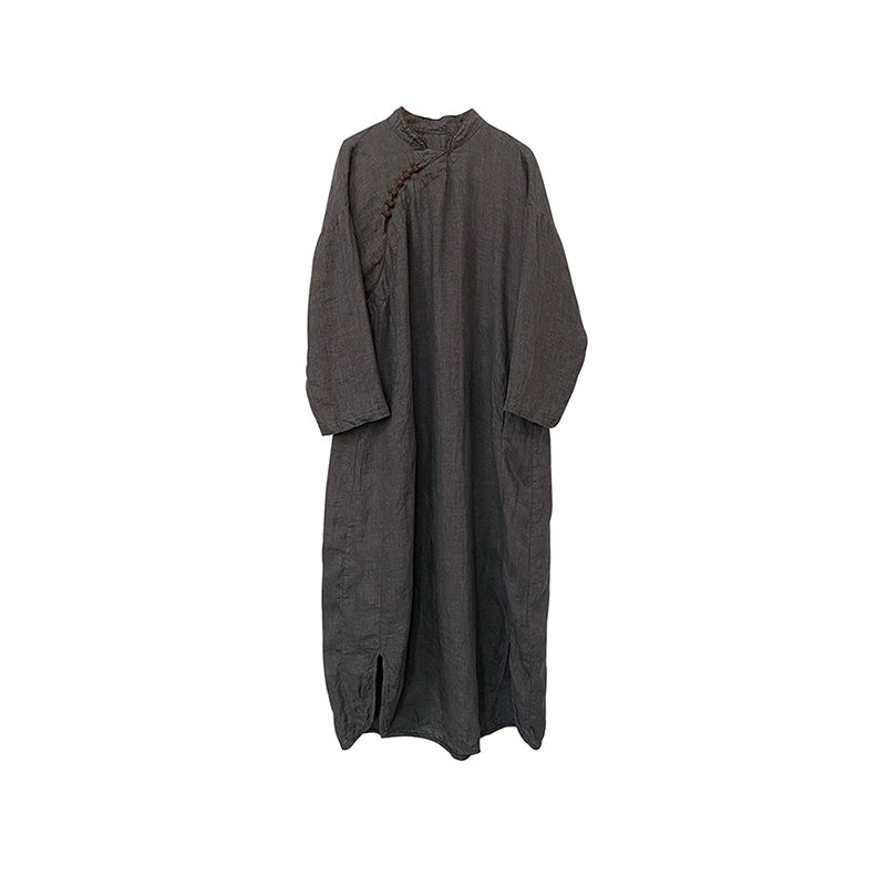 Linen Cheongsam Maxi Dress (Dark Grey)