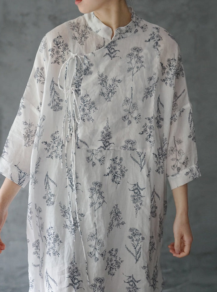 Chinese Collar Long Top (Floral Print)
