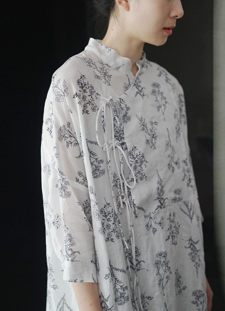 Chinese Collar Long Top (Floral Print)