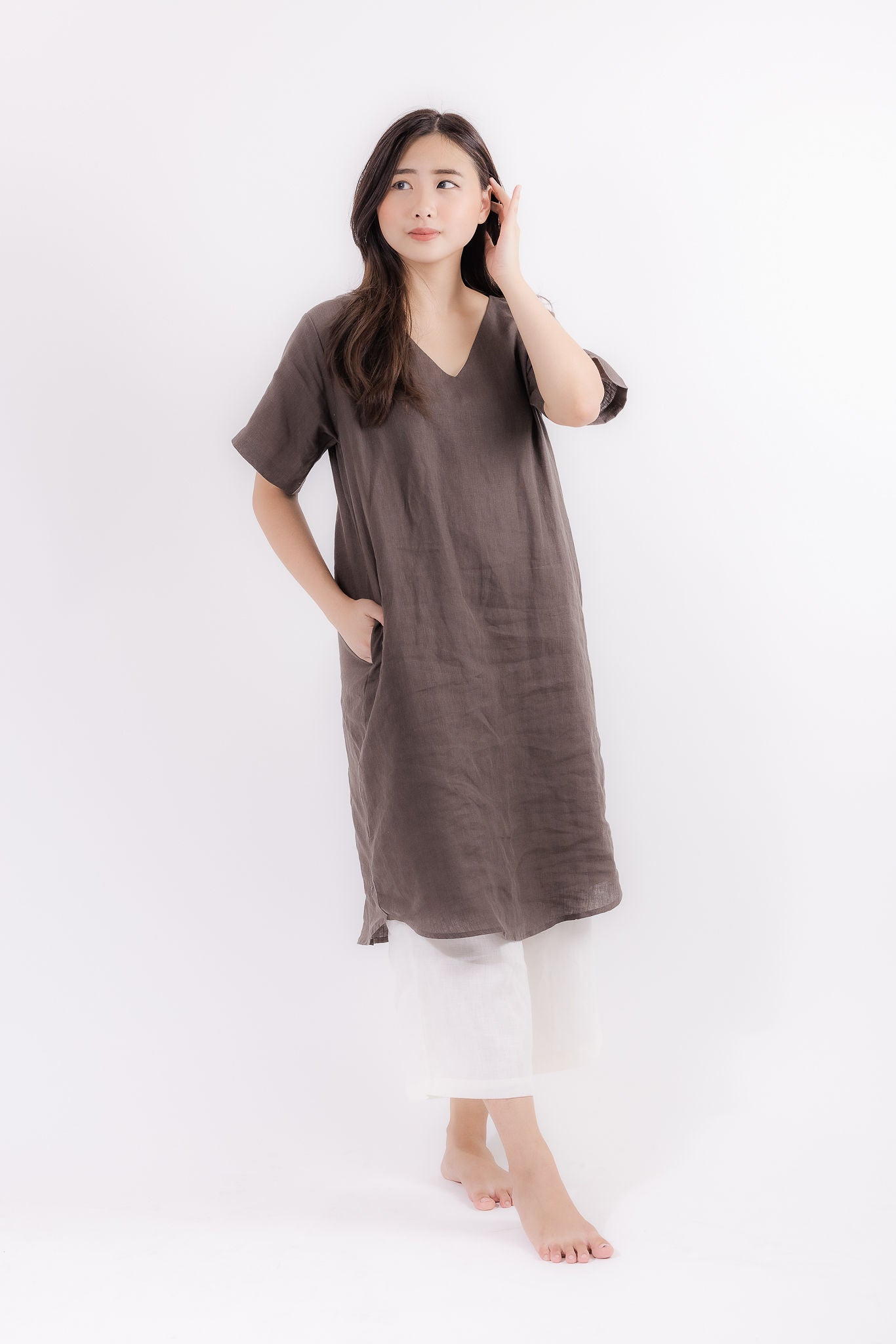 V-Neck Linen Lounge Dress in Coffee Brown