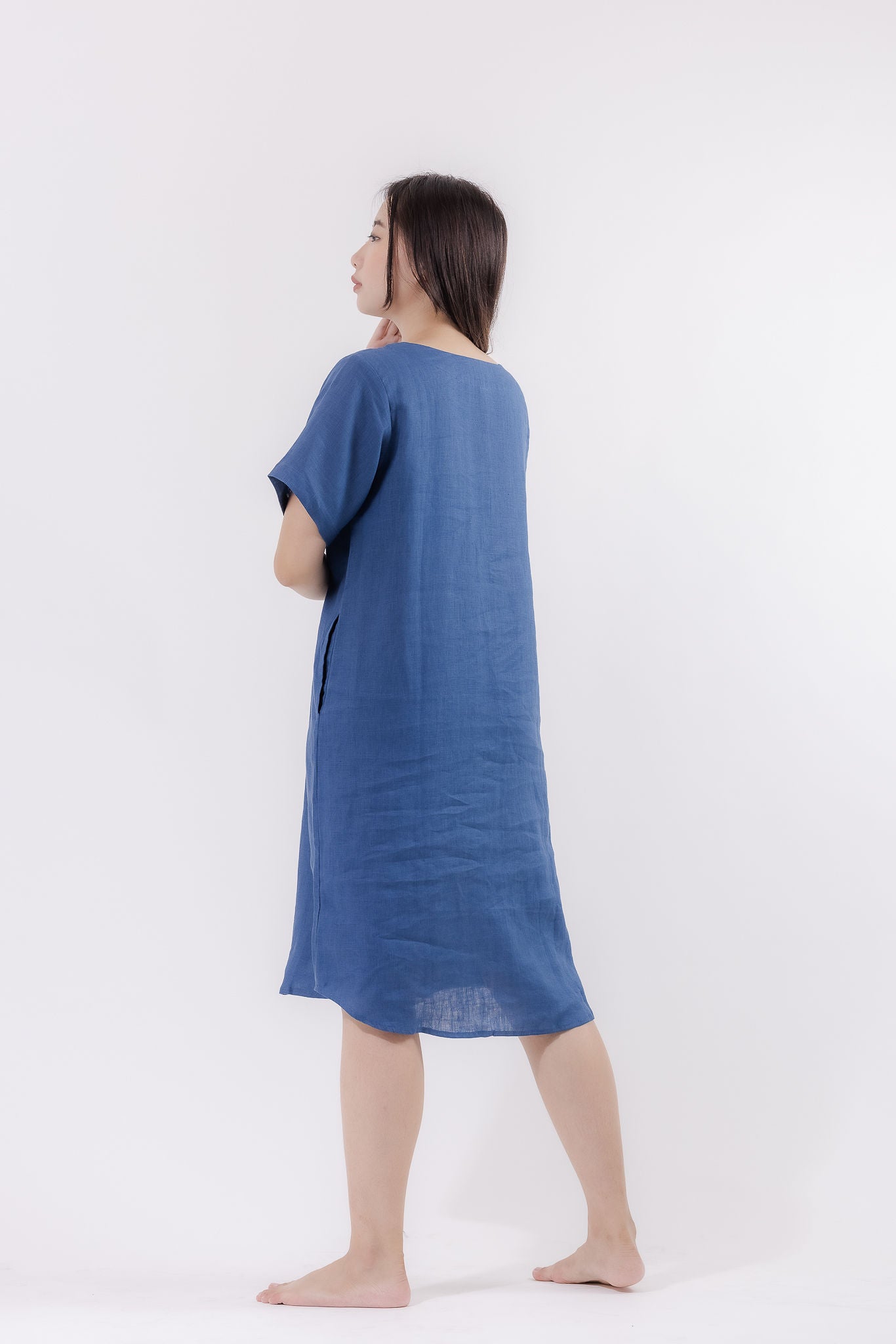 V-Neck Linen Lounge Dress in Dark Blue