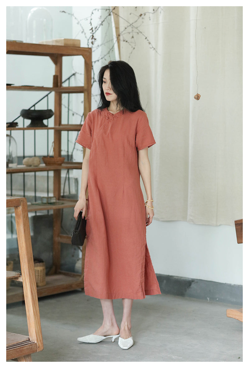 Linen Cheongsam Dress (Coral)