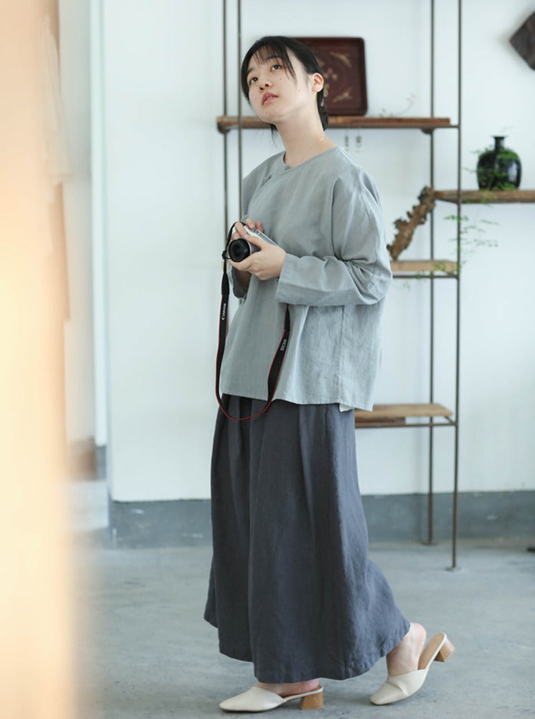 Dazhuo Linen Long Sleeve Cheongsam Top (Light Grey)