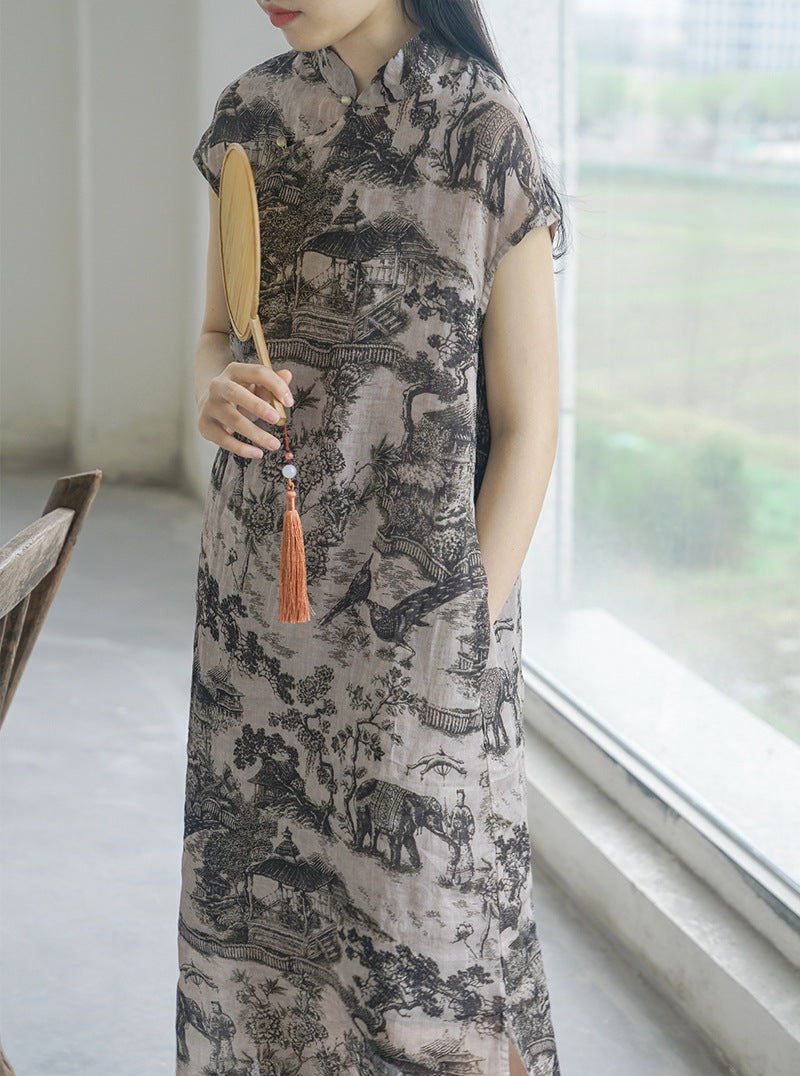 Oriental Print Cheongsam Dress