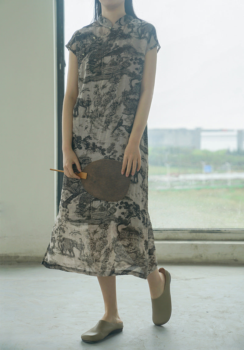 Oriental Print Cheongsam Dress