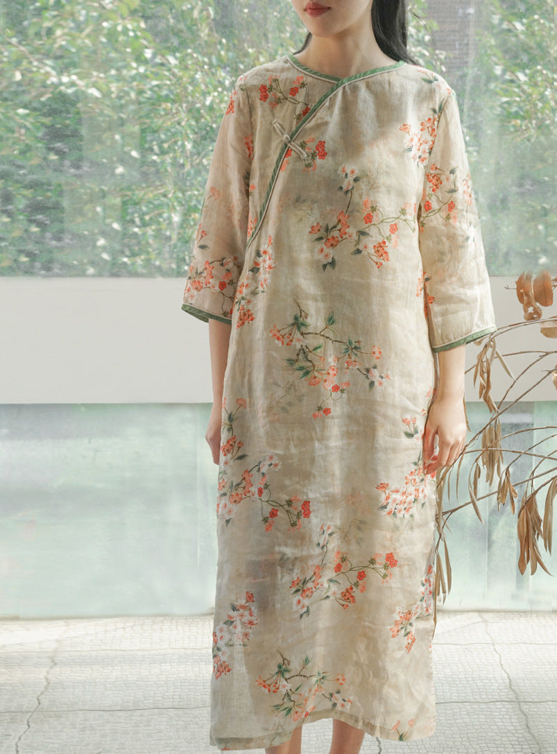 Spring Floral Cheongsam Dress (3/4 Sleeve)