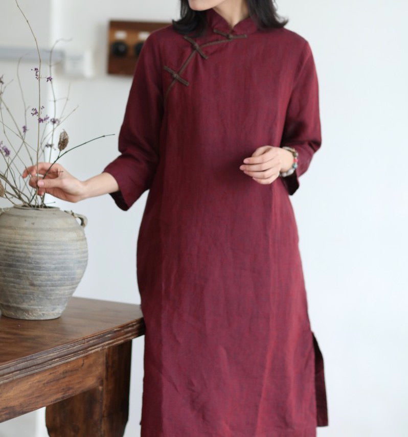 Dazhuo Tibetan Red Cheongsam Midi Dress