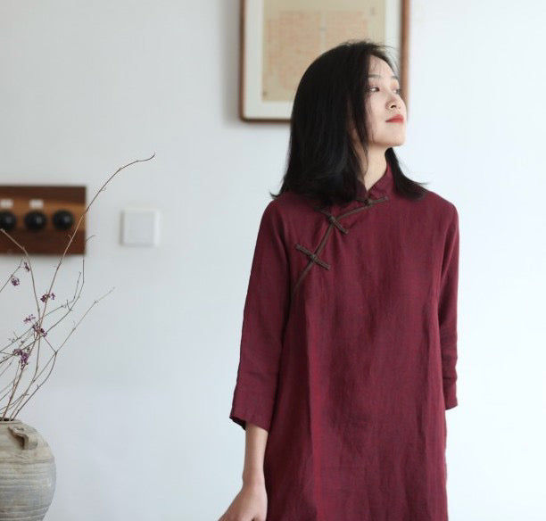 Dazhuo Tibetan Red Cheongsam Midi Dress