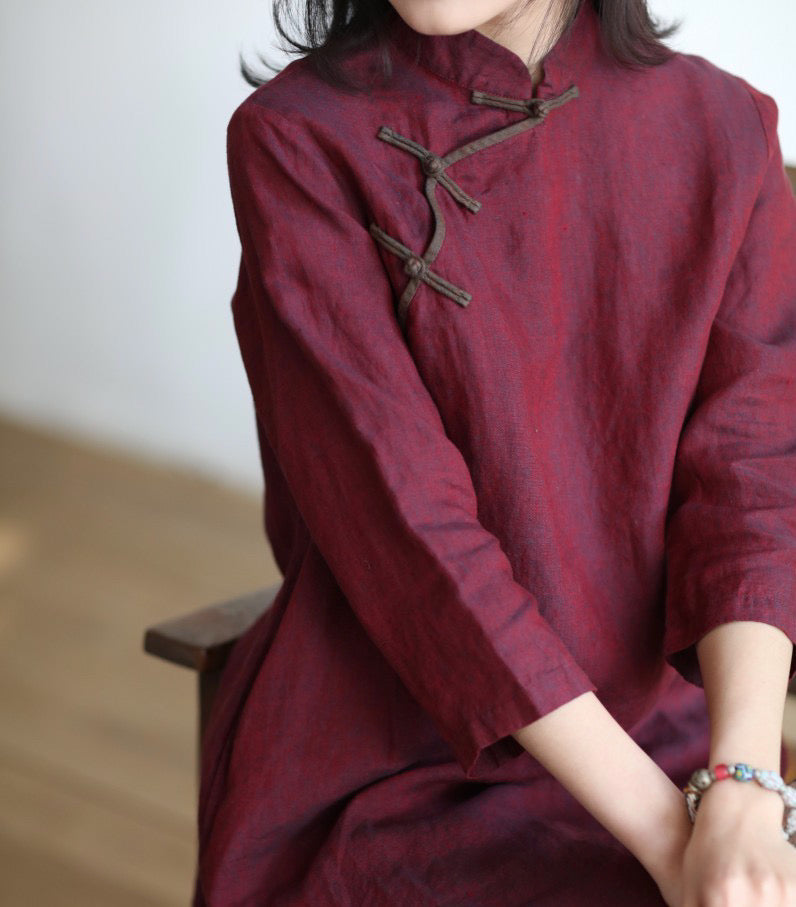 Dazhuo Tibetan Red Cheongsam Midi Dress