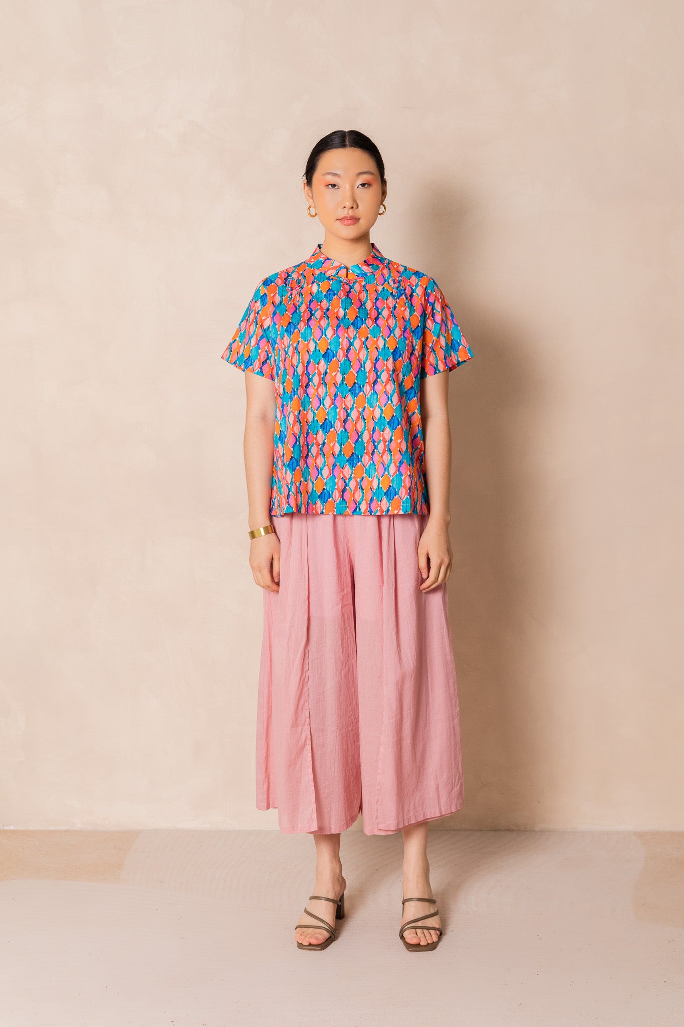 Water Colour Geometric Print Short Sleeve Cheongsam Top, available on You Living