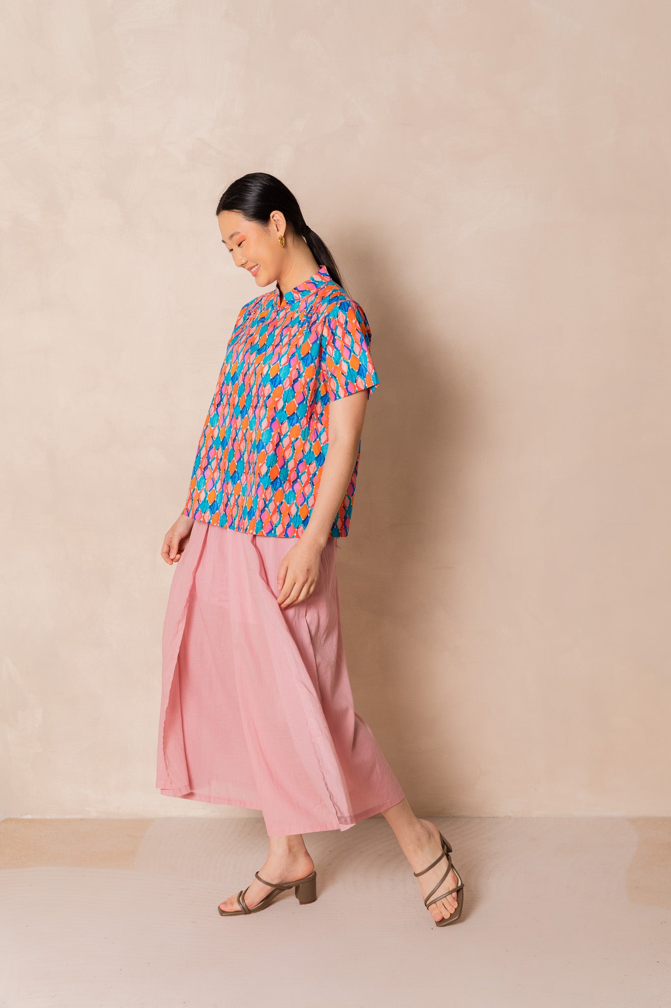 Water Colour Geometric Print Short Sleeve Cheongsam Top, available on You Living