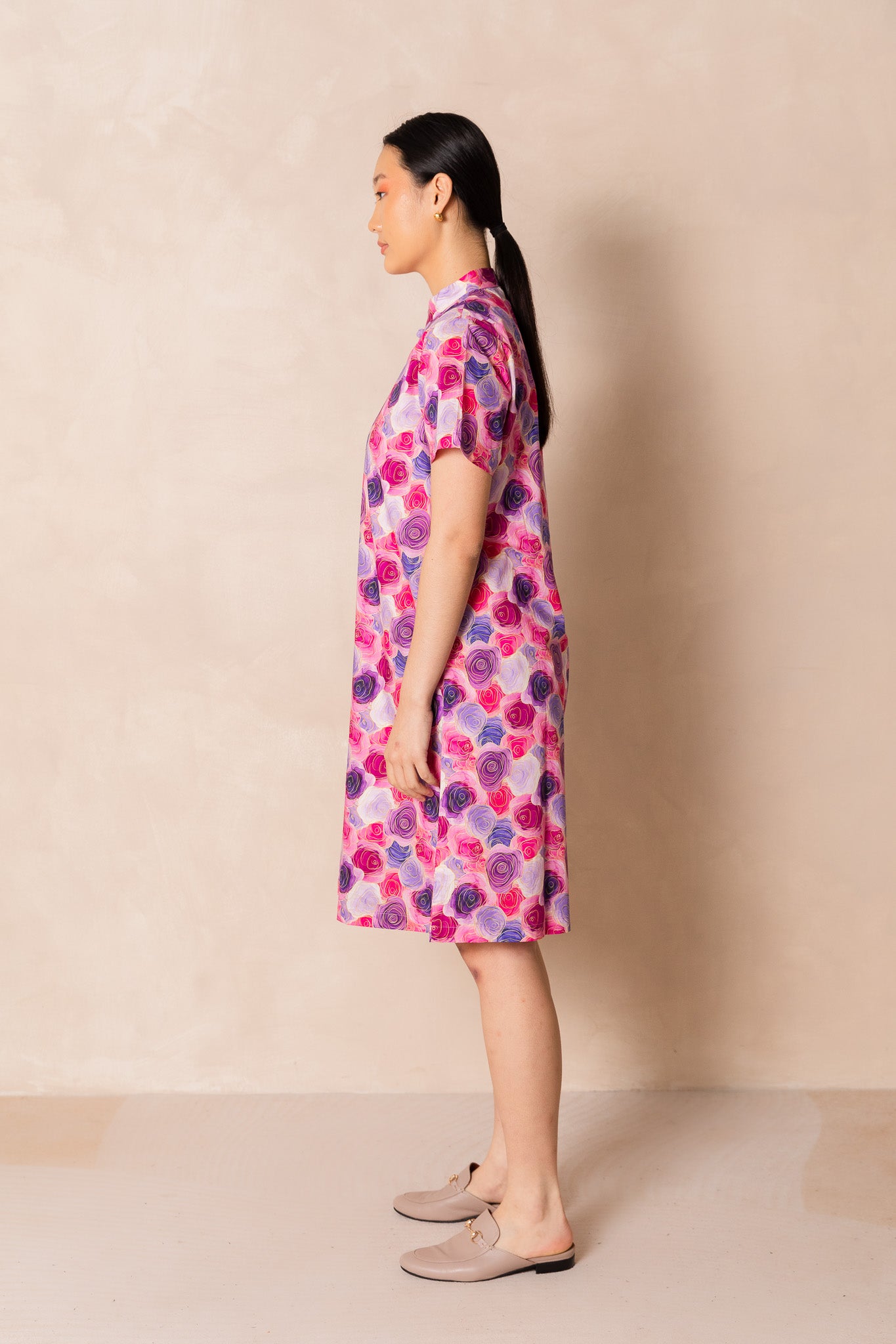 Water Colour Pink Rose Print Short Sleeve Cheongsam Midi Dress, available on You Living