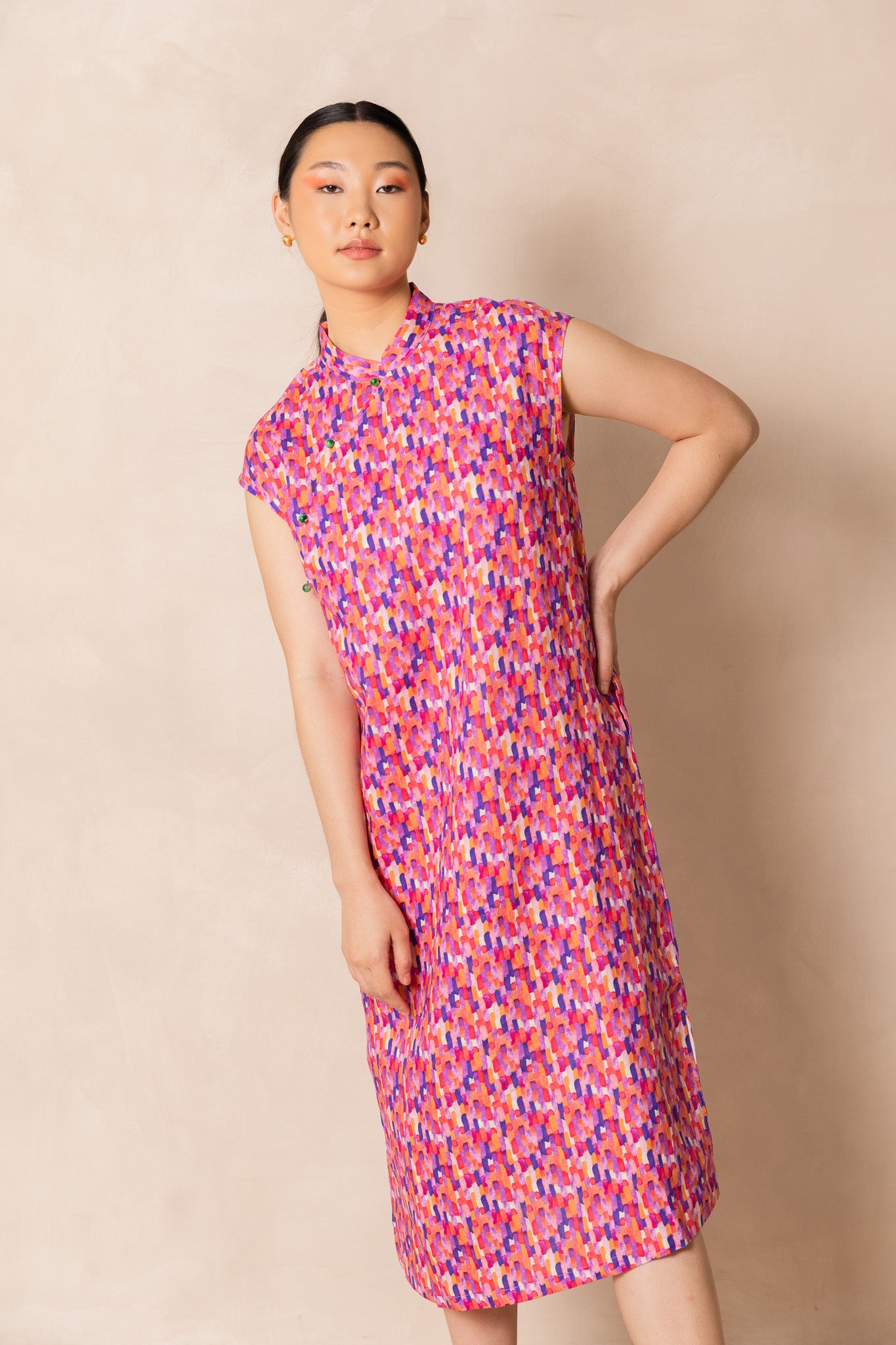 Water Colour Raindrop Print Cap Sleeve Cheongsam Dress, available on You Living