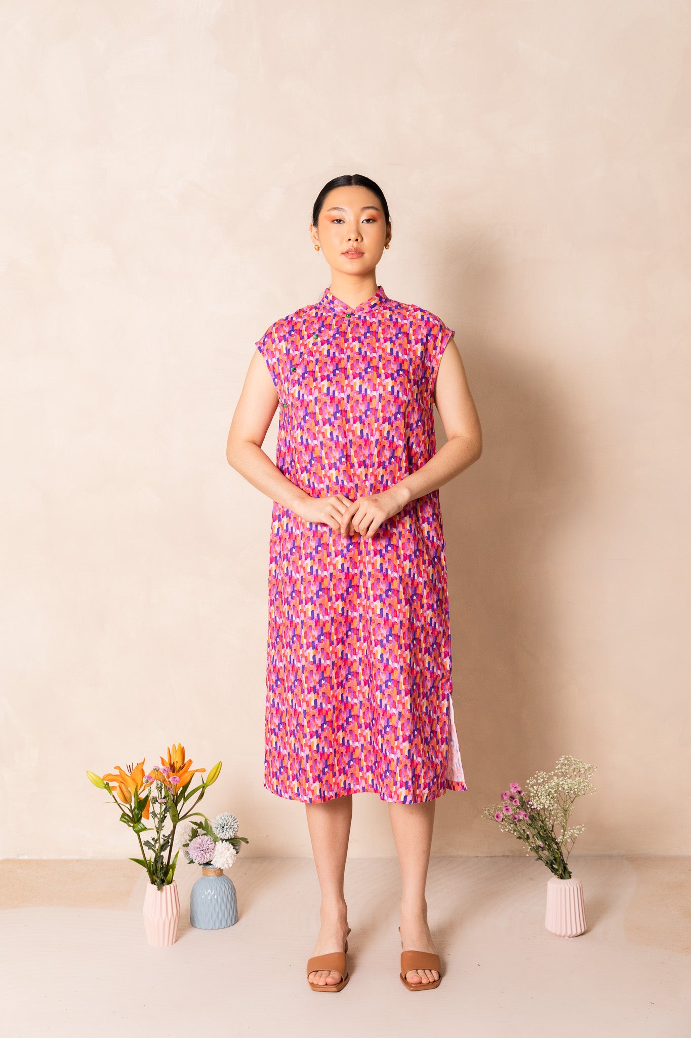 Water Colour Raindrop Print Cap Sleeve Cheongsam Dress, available on You Living