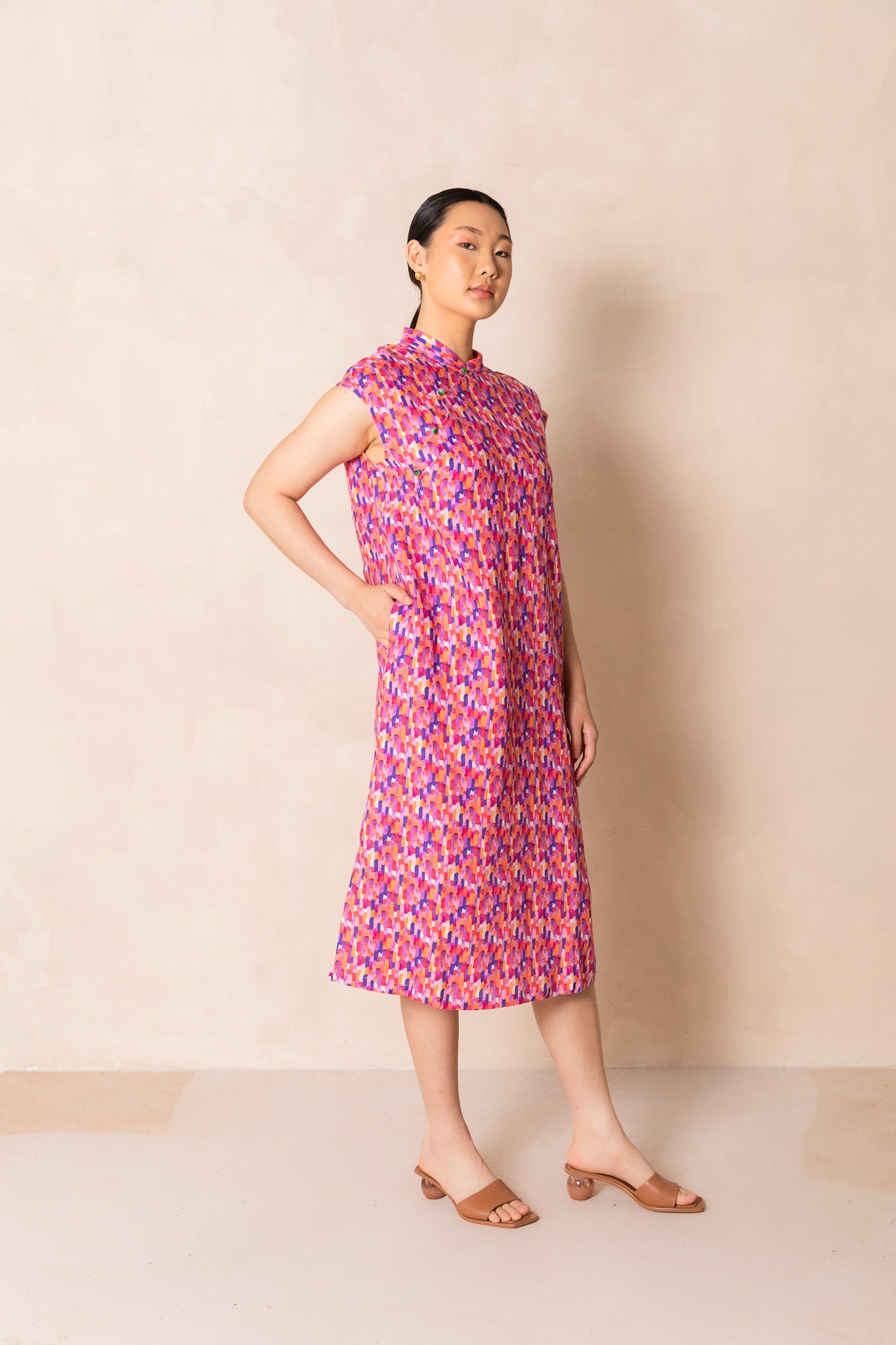 Water Colour Raindrop Print Cap Sleeve Cheongsam Dress, available on You Living