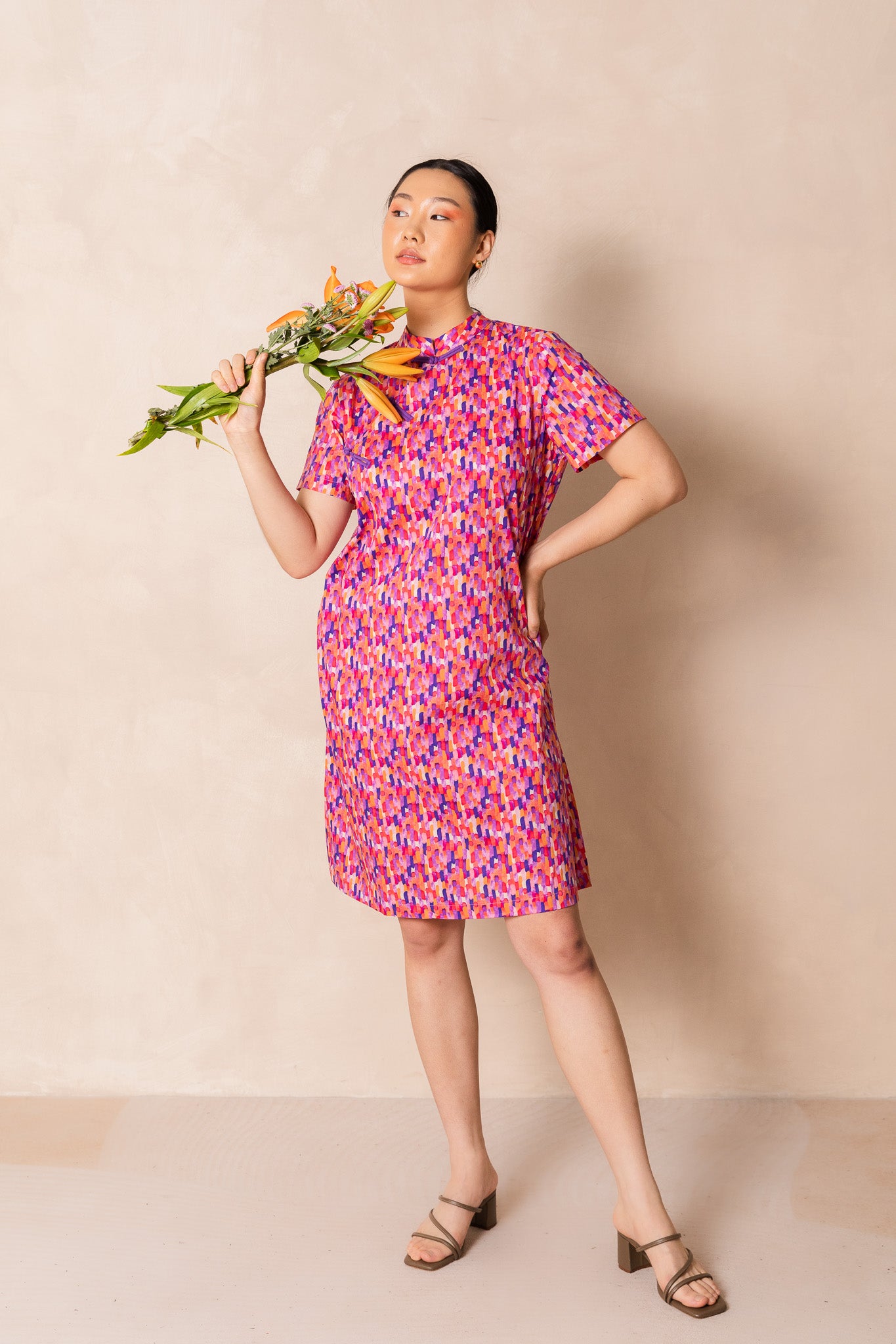 Water Colour Raindrop Print Short Sleeve Cheongsam Midi Dress, available on You Living