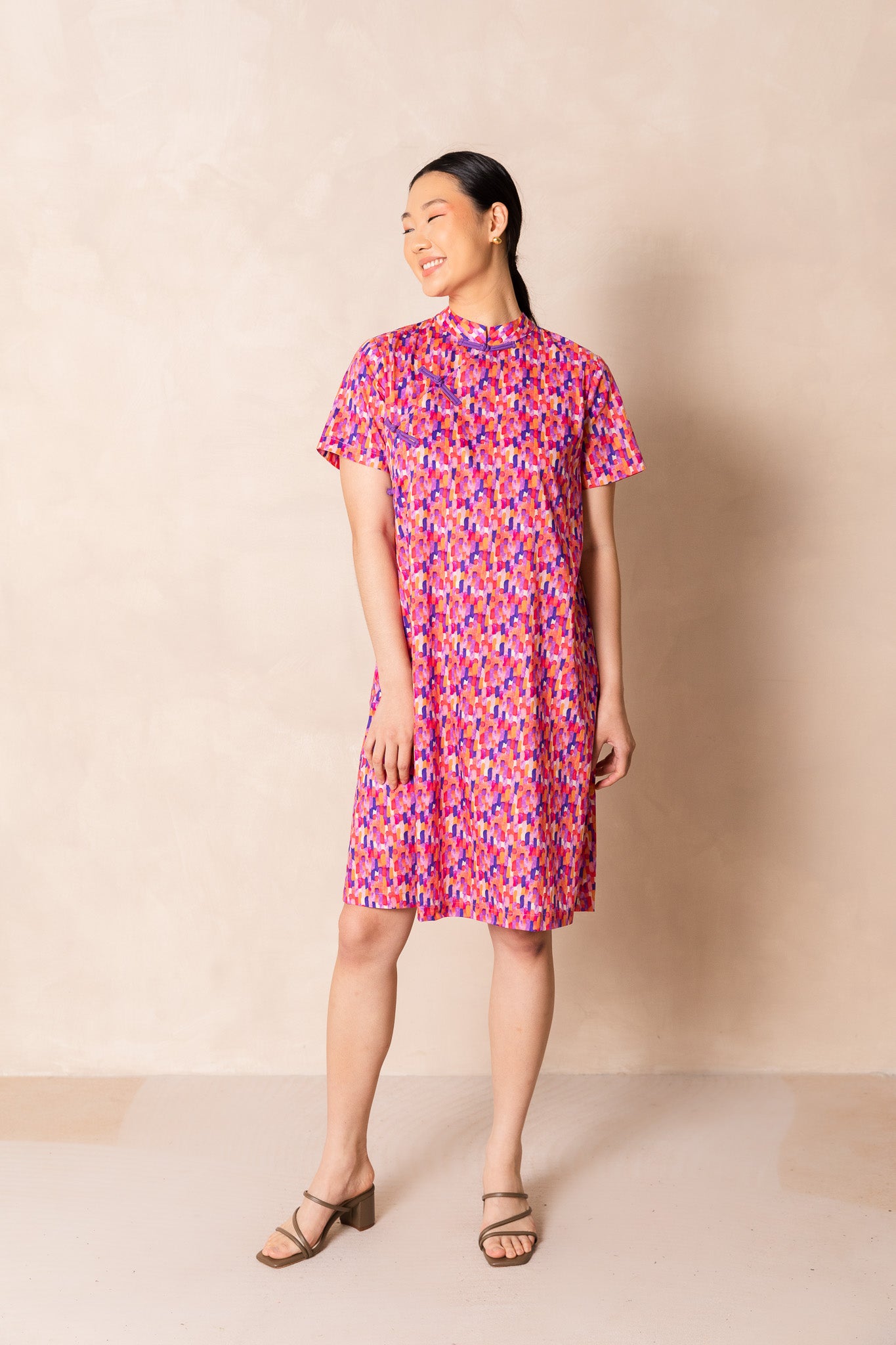 Water Colour Raindrop Print Short Sleeve Cheongsam Midi Dress, available on You Living